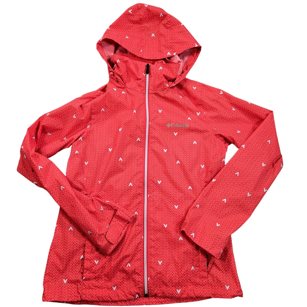 Columbia Jacket Womens Small Red Chevron Hooded Rain Windbreaker Lightweight Zip